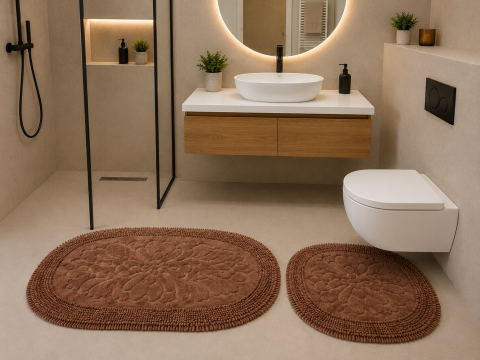 Covorașe Baie - Set 2 Covorase Baie ,Oval, Rombs 11 Maro, Covor 100% Bumbac, Dimensiunea 60x100 cm