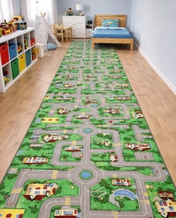 Traverse Copii si Tineret - Traversa Model Print Roads ,Verde /Multicolor, Suport Pasla, Latime 100 cm, 820 gr/mp