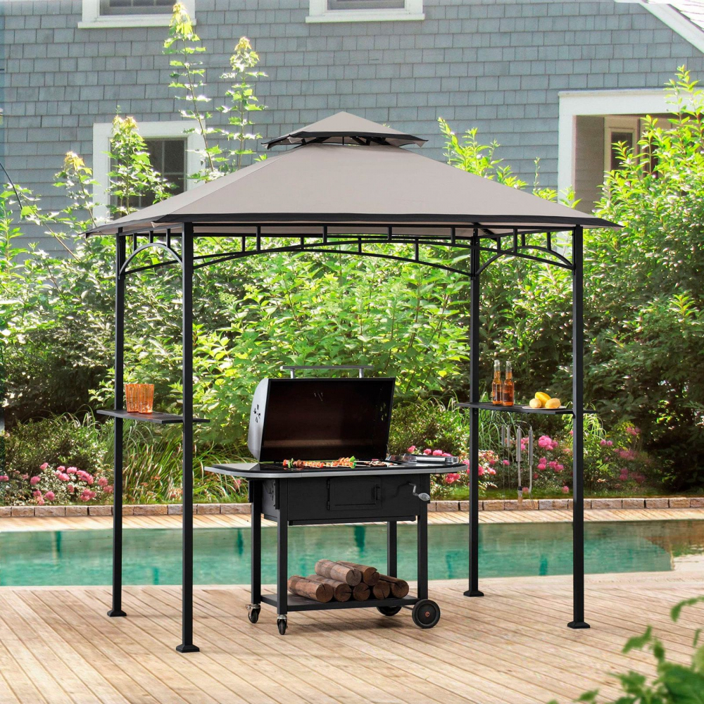 Pavilion gazebo din otel pentru gratar cu copertina Sunjoy Linas 244cm x 152cm negru/gri deschis A103002202 [2]