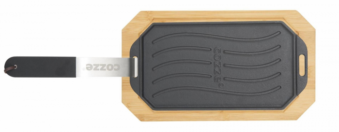 Plita reversibila din fonta cu doua fete grill sau neteda cu suport din lemn pentru servire Cozze 16,5 x 33 cm 90326 [2]
