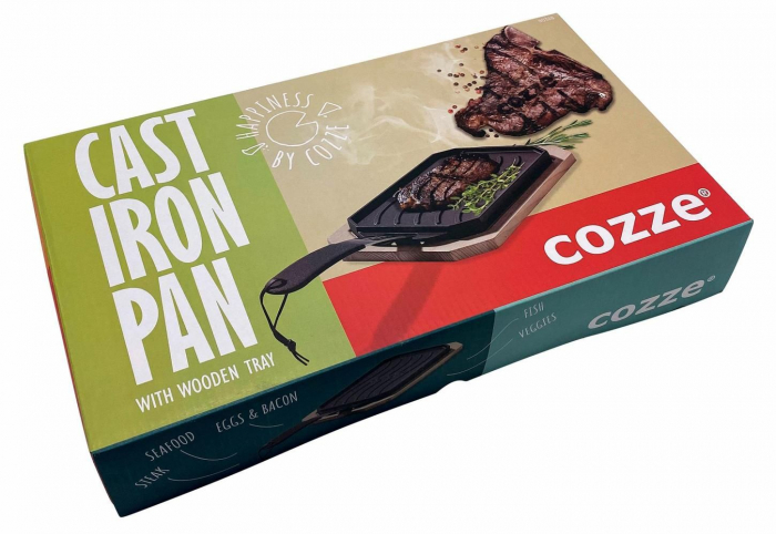 Plita reversibila din fonta cu doua fete grill sau neteda cu suport din lemn pentru servire Cozze 16,5 x 33 cm 90326 [9]