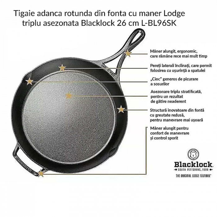Tigaie adanca rotunda din fonta cu maner Lodge triplu asezonata Blacklock 26 cm L-BL96SK [8]