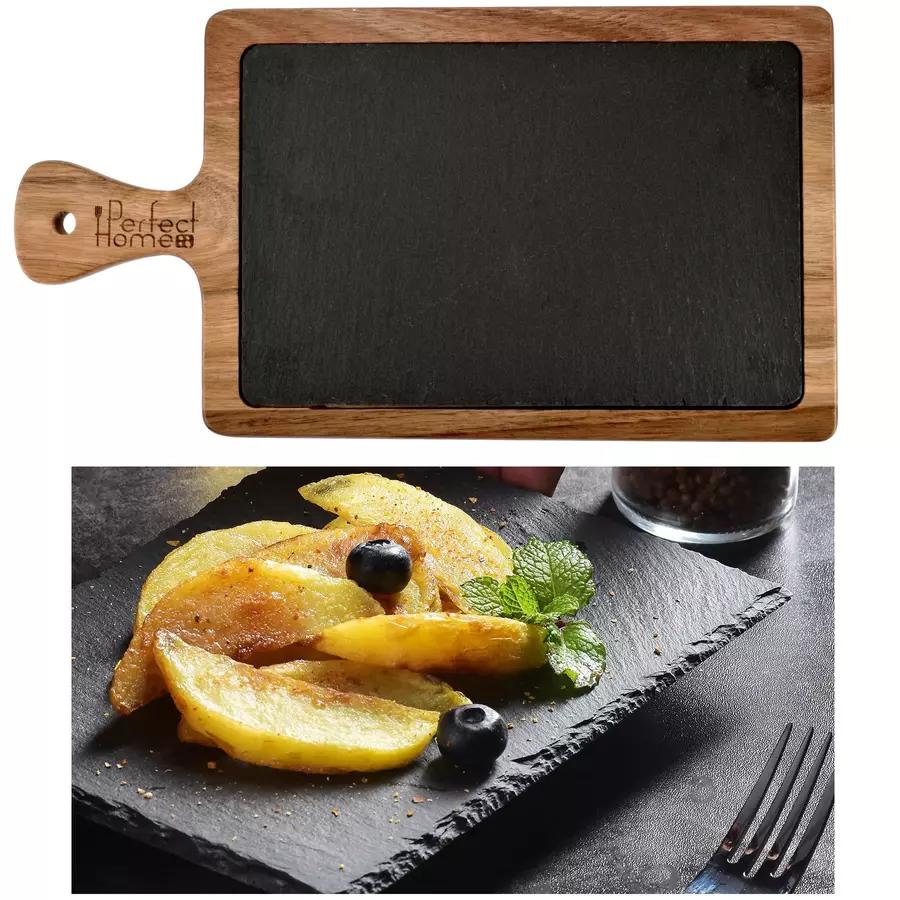 Vase pentru gătit din fontă - TAVA DE SERVIRE DIN ARDEZIE CU SUPORT DIN LEMN DE SALCAM 26*18cm