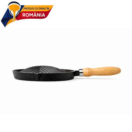 GRILL DIN FONTĂ BOMBAT CU MÂNER DIN LEMN [1]