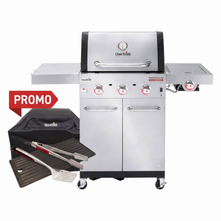 GRĂTARE DE GRĂDINĂ - Pachet Promo - Gratar pe gaz din inox Char-Broil Professional Pro S 3 140920 - contine husa, plita din fonta si set 2 ustensile