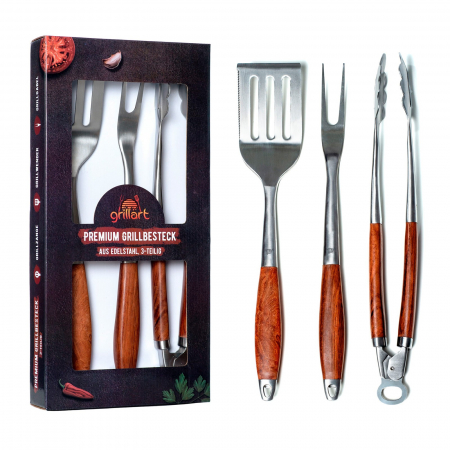 UZ GOSPODĂRESC - Set 3 ustensile premium din otel inoxidabil cu maner de lemn Grillart GA-1023