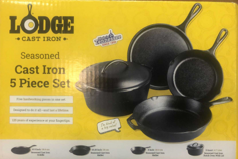 Set 5 vase din fonta contine ceaun cu capac de 4,7 litri, tigaie clatite, tigaie de 20,3 cm, tigaie 26 cm Lodge L-5HS3 [1]