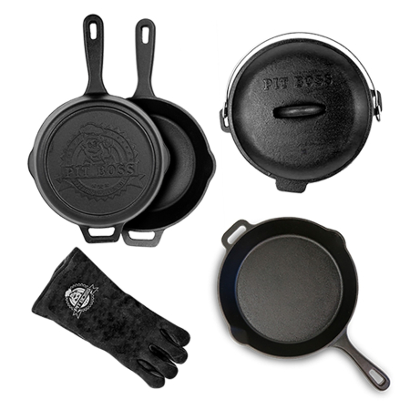 VASE DE GĂTIT - Set 6 piese vase de gatit din fonta si manusi termorezistente din piele Pit Boss 40266
