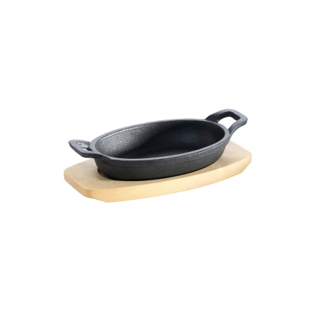Tavi & forme de copt - Tava ovala din fonta cu suport de lemn pentru servire 21 x 15,5 cm 0,75 litri ALL GRILL 9705