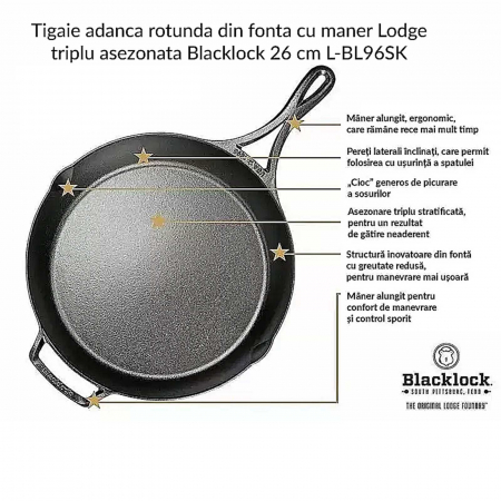 Tigaie adanca rotunda din fonta cu maner Lodge triplu asezonata Blacklock 26 cm L-BL96SK [7]