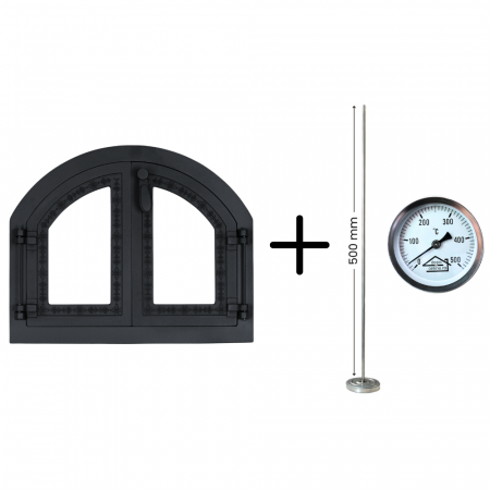 Ușă cuptor grădină cu geam, Motive Românești + Termometru zidărie cu tija de 50 cm [1]
