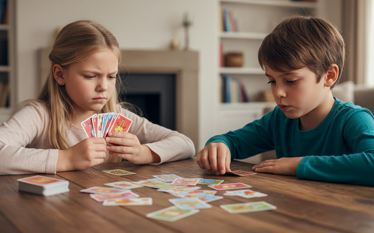 1 jocuri pentru copii in casa - Doi copii jucand carti la masa