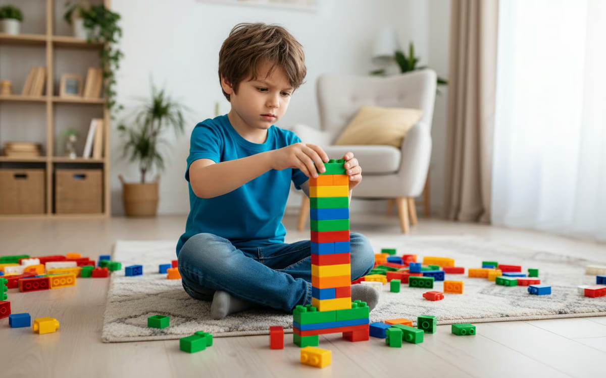 3 jocuri pentru copii in casa - un baietel de circa 7 ani concentrat construind cu Lego in livingul unei case