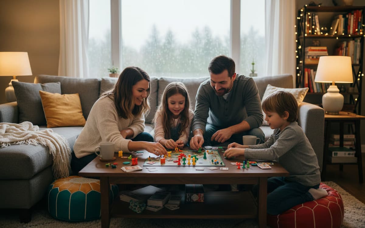 6 jocuri pentru copii in casa - Familie cu doi copii baiat si fata jucand impreuna jocuri de societate in living