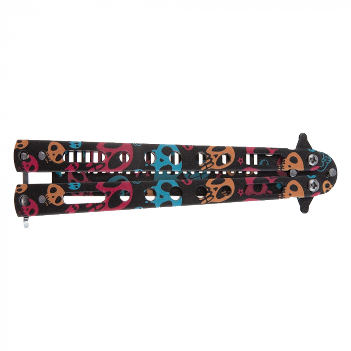 Briceag fluture de antrenament IdeallStore, tip pieptan, Happy Skulls, 22 cm, negru [6]
