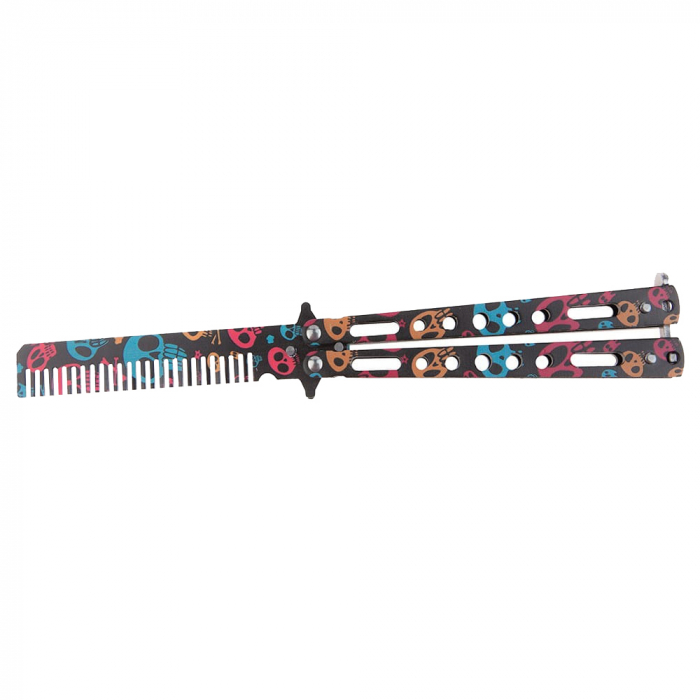 Briceag fluture de antrenament IdeallStore, tip pieptan, Happy Skulls, 22 cm, negru [2]