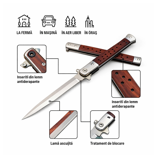Briceag tip Stiletto, deschidere manuala, lungime 33 cm, lama metalica, maro, lemn [9]