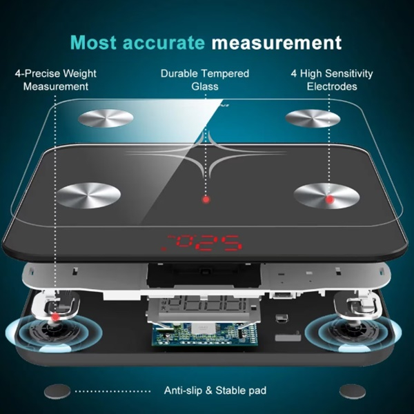 Cântar electronic inteligent pentru baie, aplicație smart, afișaj digital iluminat, termometru, maxim 180 kg, negru [5]