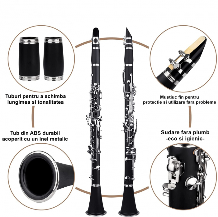 Clarinet IdeallStore®, Musical Virtue, 17 clape, 67 cm, negru, geanta inclusa [16]