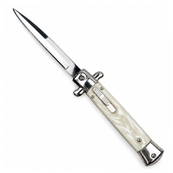 Cuțit cu lamă tip stiletto automat DEPOX®, mâner alb, 27 cm, cu husă inclusa [2]