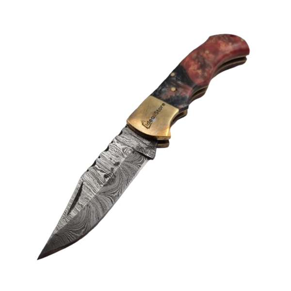 Cuțit de buzunar otel damasc,  pliere cu blocare, mâner din lemn, teacă piele inclusă , multicolor, 17 cm [4]