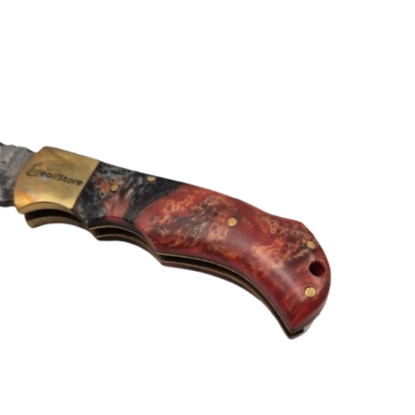 Cuțit de buzunar otel damasc,  pliere cu blocare, mâner din lemn, teacă piele inclusă , multicolor, 17 cm [5]