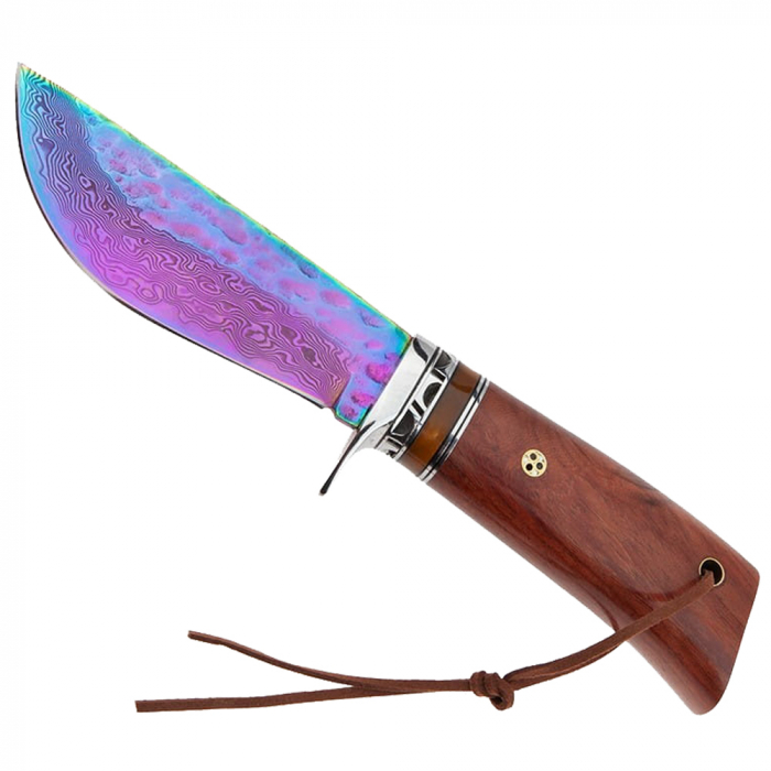 Cutit de vanatoare IdeallStore®, Rose Accuracy, damasc, 22 cm, lemn trandafir, multicolor, husa piele [3]