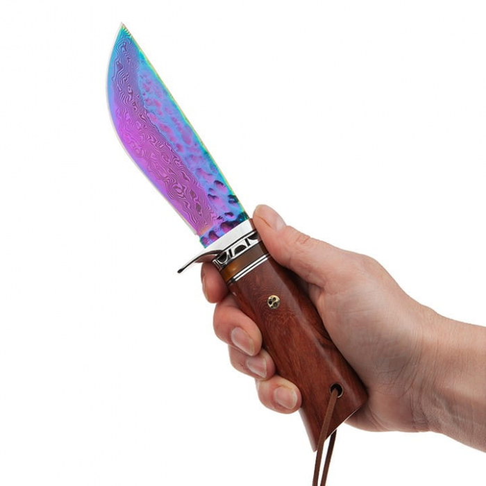 Cutit de vanatoare IdeallStore®, Rose Accuracy, damasc, 22 cm, lemn trandafir, multicolor, husa piele [6]