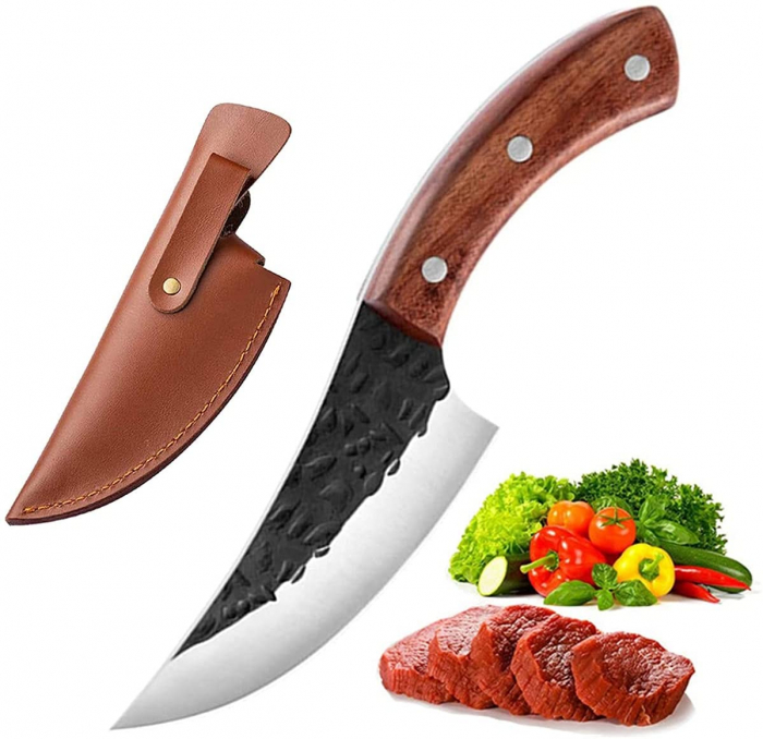 Cutit japonez lucrat manual, otel carbon, 24.5 cm, maro, teaca piele inclusa [2]