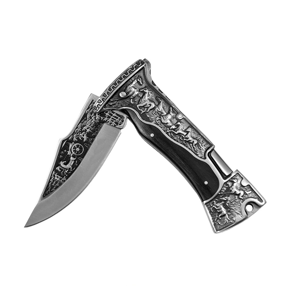 Set 2 cuțite pliabile de vânătoare DEPOX®, lamă inox clip point, mâner metal și lemn, sistem back lock, negru, 23 cm [7]