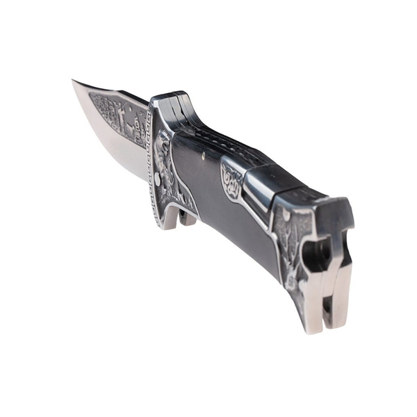 Set 2 cuțite pliabile de vânătoare DEPOX®, lamă inox clip point, mâner metal și lemn, sistem back lock, negru, 23 cm [13]