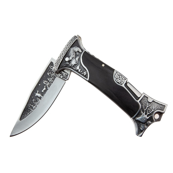 Set 2 cuțite pliabile de vânătoare DEPOX®, lamă inox clip point, mâner metal și lemn, sistem back lock, negru, 23 cm [14]