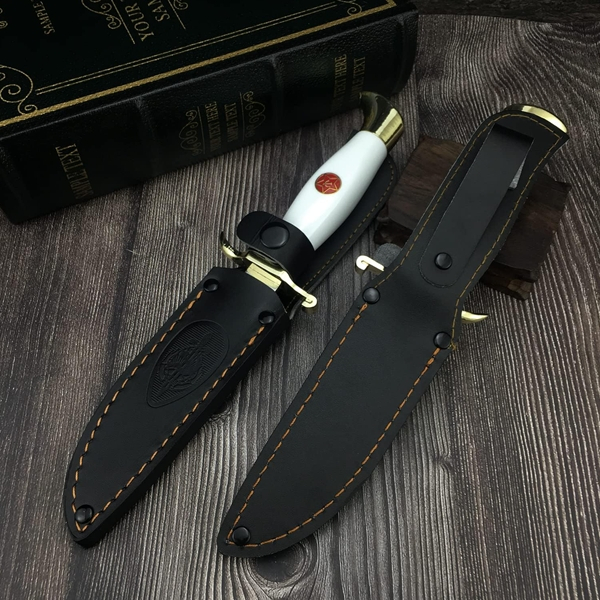 Set de doua cutite de vanatoare, teaca din piele naturala, lama 440C, maner acrilic full tang, 26 cm, alb [6]