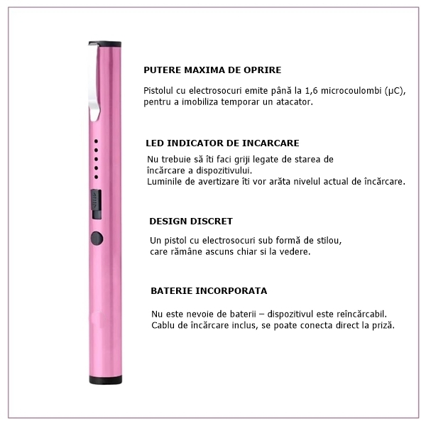 Electrosoc tip stilou Muria, incarcare USB, cu 100kV, roz [3]