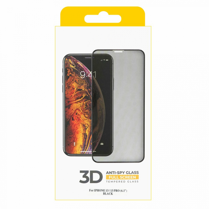 Folie de sticla securizata IdeallStore® pentru protectie compatibila iPhone 13/13 Pro, Anti-spy, neagra, acoperire full-cover [2]