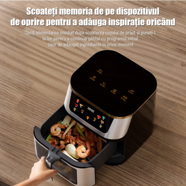 Friteuză cu aer cald Air Fryer, 10L, 1400W, DEPOX®, ecran tactil LCD, geam vizual, temperatură reglabilă, timer, inox, negru [9]