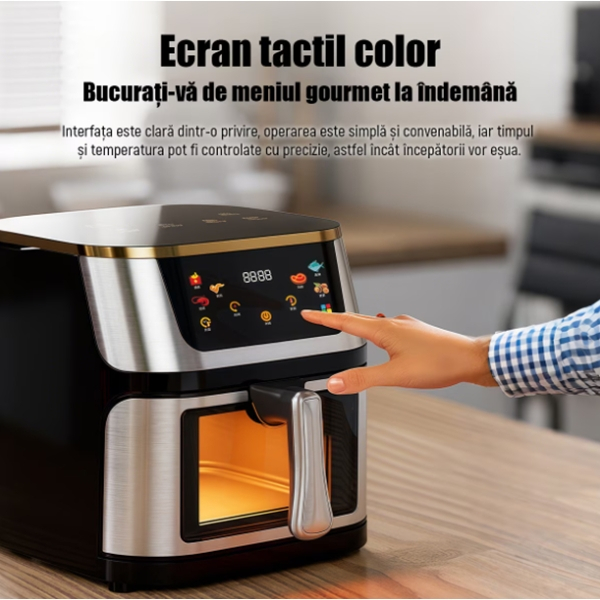 Friteuză cu aer cald Air Fryer, 10L, 1400W, DEPOX®, ecran tactil LCD, geam vizual, temperatură reglabilă, timer, inox, negru [6]