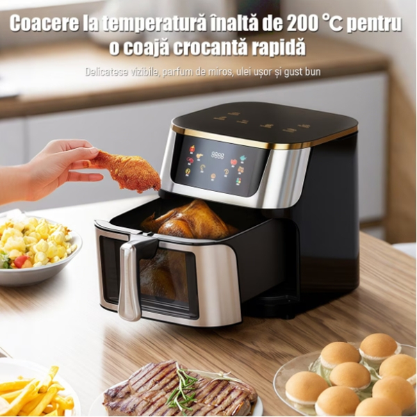 Friteuză cu aer cald Air Fryer, 10L, 1400W, DEPOX®, ecran tactil LCD, geam vizual, temperatură reglabilă, timer, inox, negru [8]