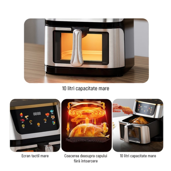 Friteuză cu aer cald Air Fryer, 10L, 1400W, DEPOX®, ecran tactil LCD, geam vizual, temperatură reglabilă, timer, inox, negru [7]