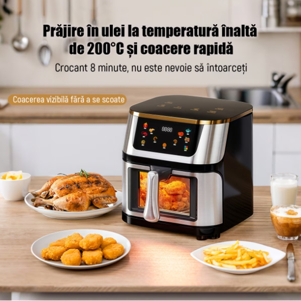 Friteuză cu aer cald Air Fryer, 10L, 1400W, DEPOX®, ecran tactil LCD, geam vizual, temperatură reglabilă, timer, inox, negru [2]