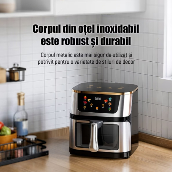 Friteuză cu aer cald Air Fryer, 10L, 1400W, DEPOX®, ecran tactil LCD, geam vizual, temperatură reglabilă, timer, inox, negru [4]
