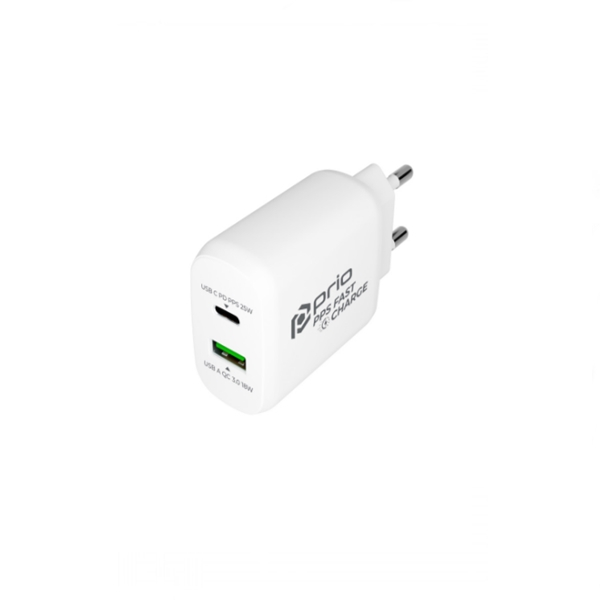 Încărcător Prio Fast Charger 25W PD PPS (USB C) + QC 3.0 (USB A), Alb [2]
