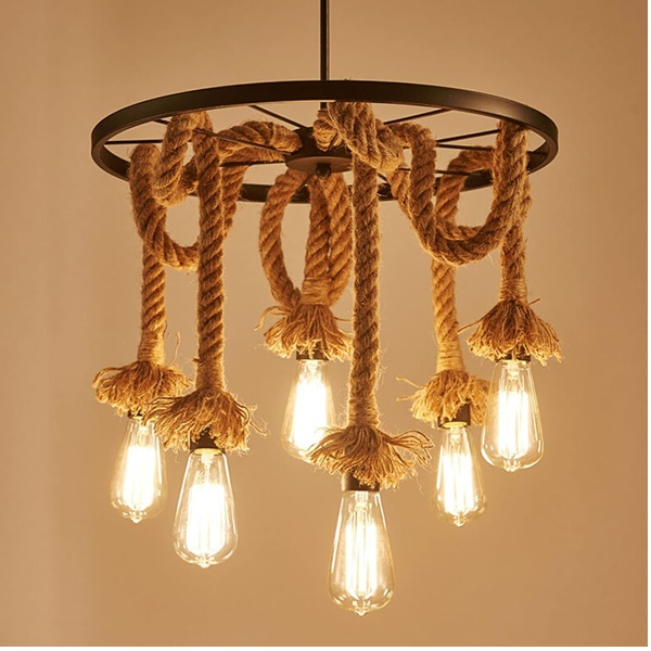 Lustră candelabru suspendată, industrial vintage, frânghie de cânepă, 6 x E27 [5]