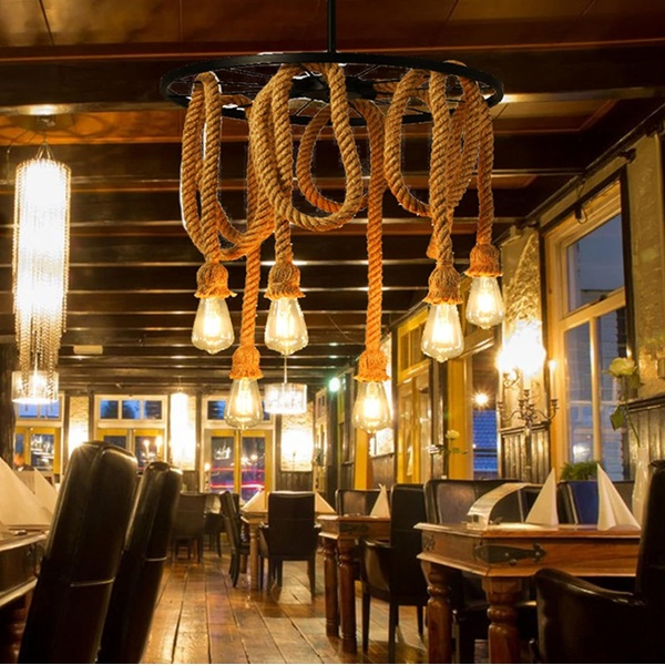 Lustră candelabru suspendată, industrial vintage, frânghie de cânepă, 6 x E27 [4]