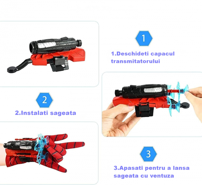 Manusi Spiderman cu ventuze,sfoara si lansator, IdeallStore®, rosu [4]