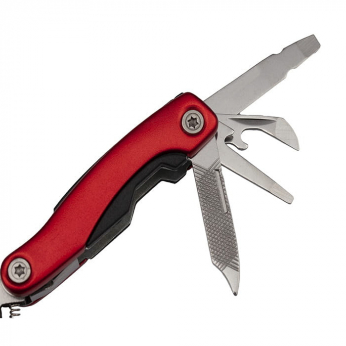 Mini cleste multifunctional, Survival Instict, otel inoxidabil, 9 functii, 14 cm, husa inclusa, rosu [5]