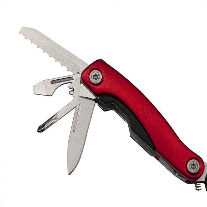 Mini cleste multifunctional, Survival Instict, otel inoxidabil, 9 functii, 14 cm, husa inclusa, rosu [4]