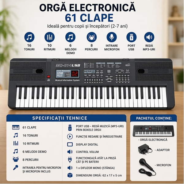 Orga electronica DEPOX®, 61 clape, Mp3, USB, Microfon, Claviatura, Negru [4]