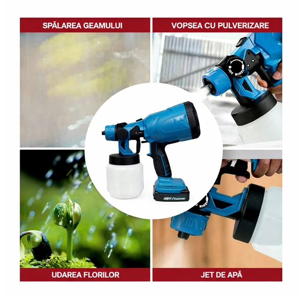 Pistol de vopsit electric cu acumulator 48V, DEPOX®, rezervor 1000 ml, 1200 ml/min, 3 moduri pulverizare [5]