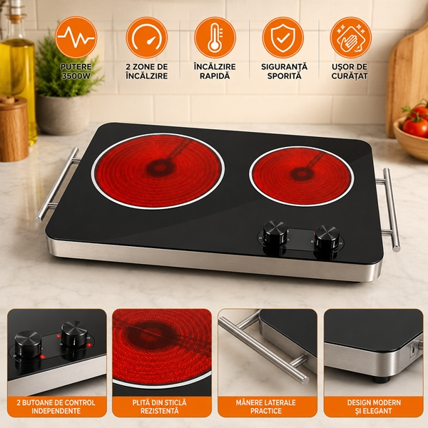 Plită Electrică Dublă DEPOX®, 6000W, 2 Zone de Gătit Independente, Suprafață din Sticlă Termorezistentă, 53 x 33 x 6 cm, Negru [3]